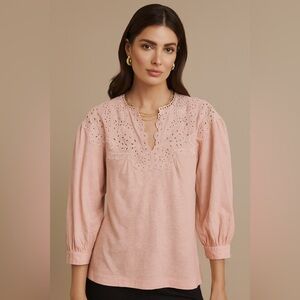 La Vie Rebecca Taylor Pink Long Sleeve Textured Eyelet Yoke Jersey Blouse Top